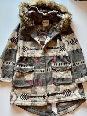 BB Dakota Aztec Print Hooded Coat in Gray, Cream & Brown with Faux Fur Trim